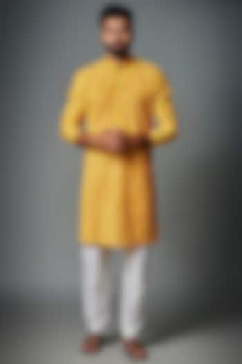 Yellow Cotton Silk Embroidered Kurta Set by Chatenya Mittal