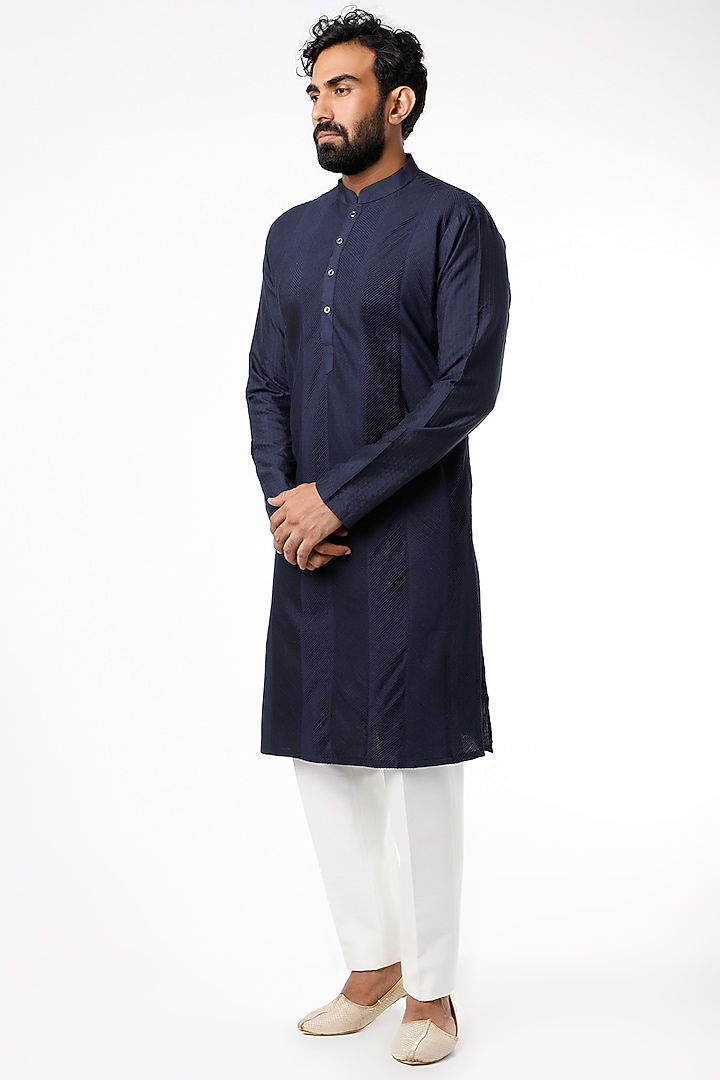 Navy Blue Cotton Silk Kurta Set by Chatenya Mittal at Pernia's Pop Up Shop