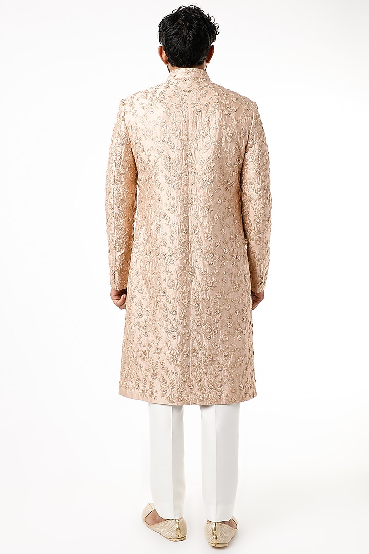 Peach Zari Embroidered Groom Sherwani Set by Chatenya Mittal at Pernia's Pop Up Shop