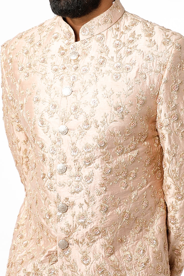 Peach Zari Embroidered Groom Sherwani Set by Chatenya Mittal at Pernia's Pop Up Shop