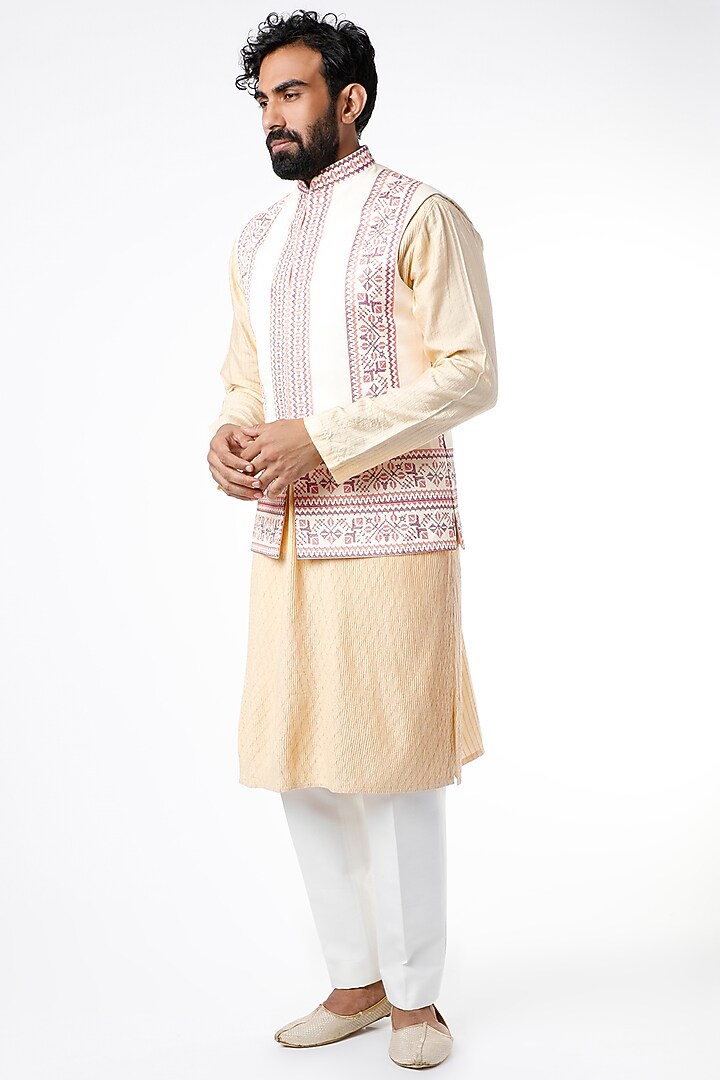 White Cotton Silk Nehru Jacket by Chatenya Mittal at Pernia's Pop Up Shop