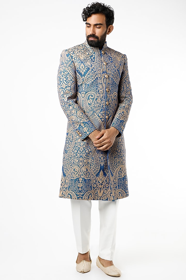 Blue & Beige Embroidered Groom Sherwani Set by Chatenya Mittal at Pernia's Pop Up Shop