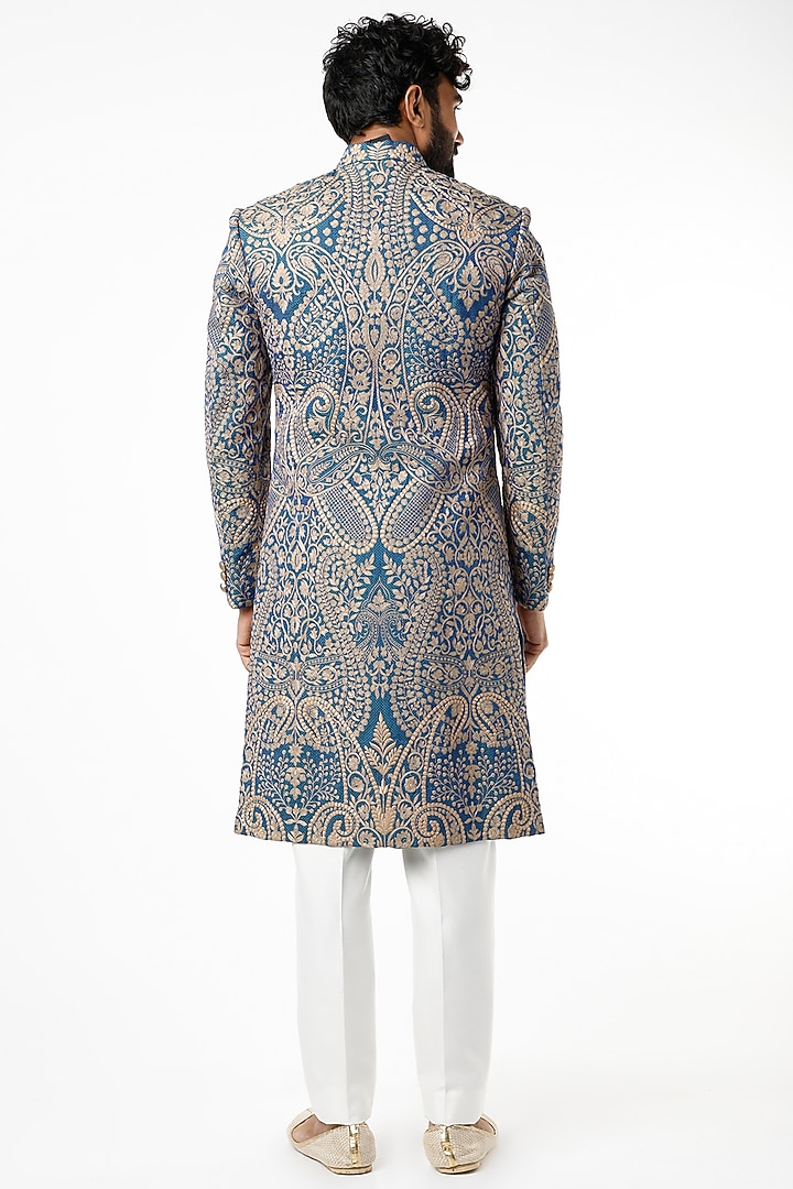 Blue & Beige Embroidered Groom Sherwani Set by Chatenya Mittal at Pernia's Pop Up Shop