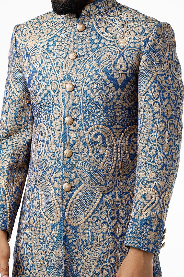 Blue & Beige Embroidered Groom Sherwani Set by Chatenya Mittal at Pernia's Pop Up Shop