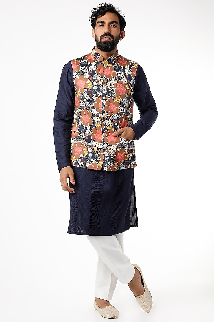 Dark Grey Floral Printed Nehru Jacket by Chatenya Mittal at Pernia's Pop Up Shop