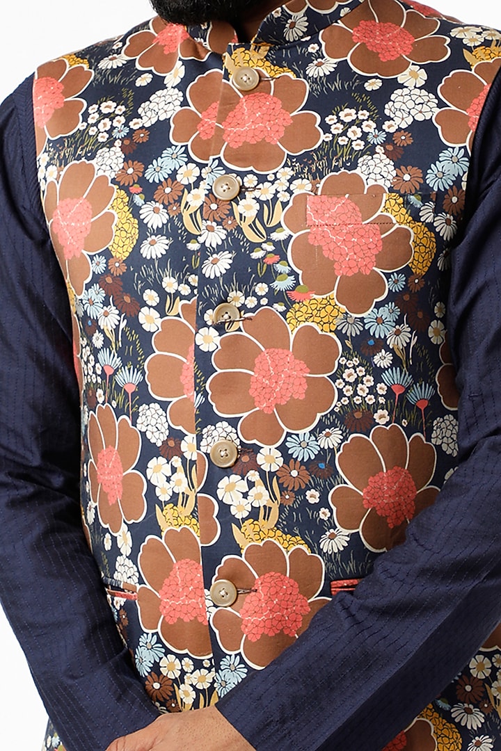 Dark Grey Floral Printed Nehru Jacket by Chatenya Mittal at Pernia's Pop Up Shop