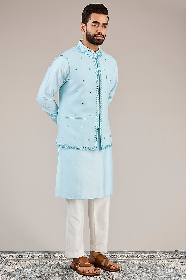 Light Blue Cotton Silk Mirror Embroidered Nehru Jacket Set by Chatenya Mittal