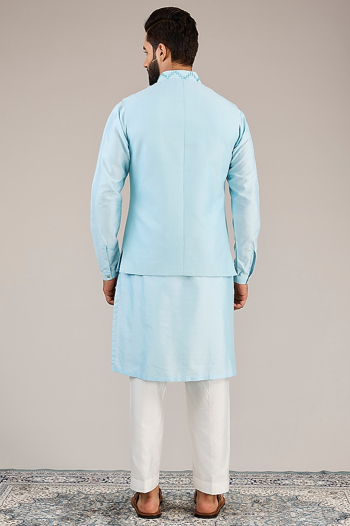 Light Blue Cotton Silk Mirror Embroidered Nehru Jacket Set by Chatenya Mittal at Pernia's Pop Up Shop