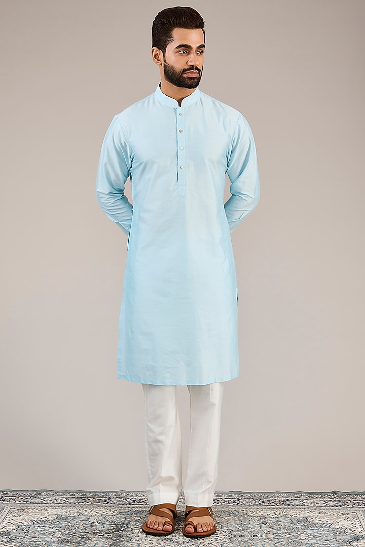 Light Blue Cotton Silk Mirror Embroidered Nehru Jacket Set by Chatenya Mittal at Pernia's Pop Up Shop