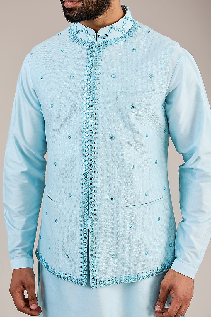 Light Blue Cotton Silk Mirror Embroidered Nehru Jacket Set by Chatenya Mittal at Pernia's Pop Up Shop