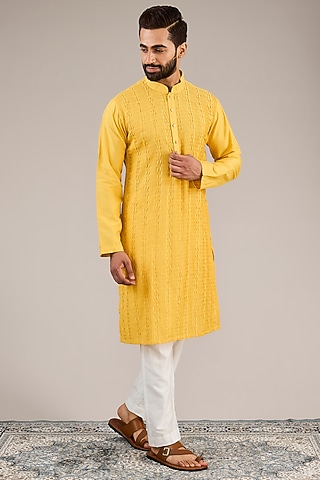 Yellow Cotton Silk Kurta Set by Chatenya Mittal