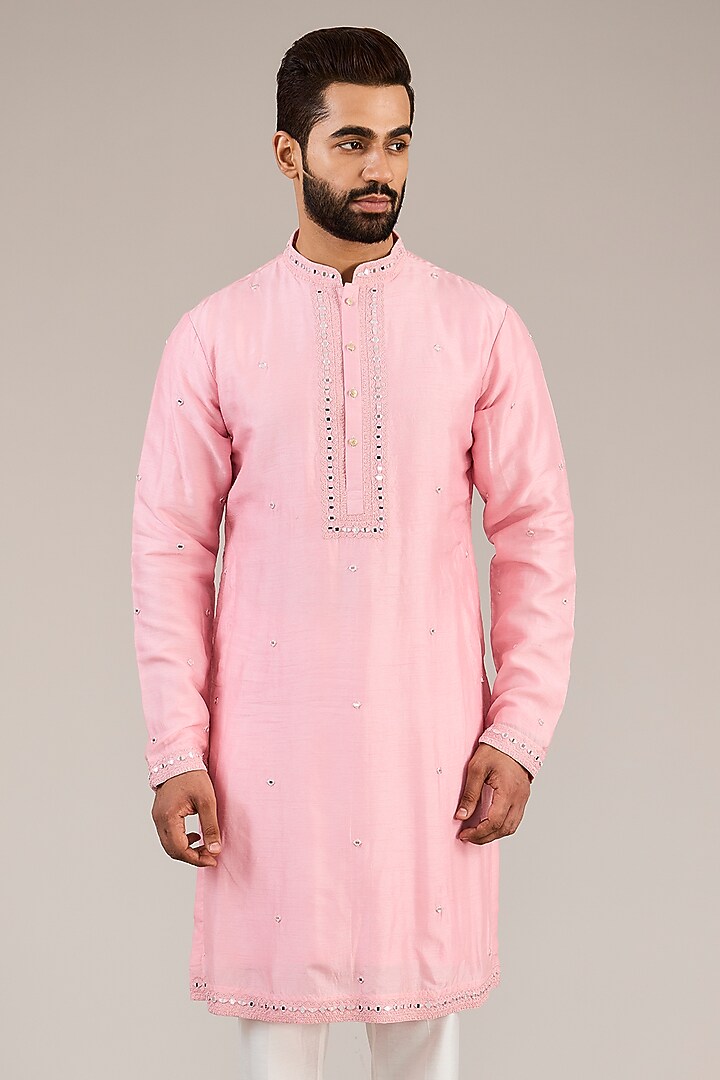 Pink Silk Blend Dori & Mirror Embroidered Kurta Set by Chatenya Mittal at Pernia's Pop Up Shop