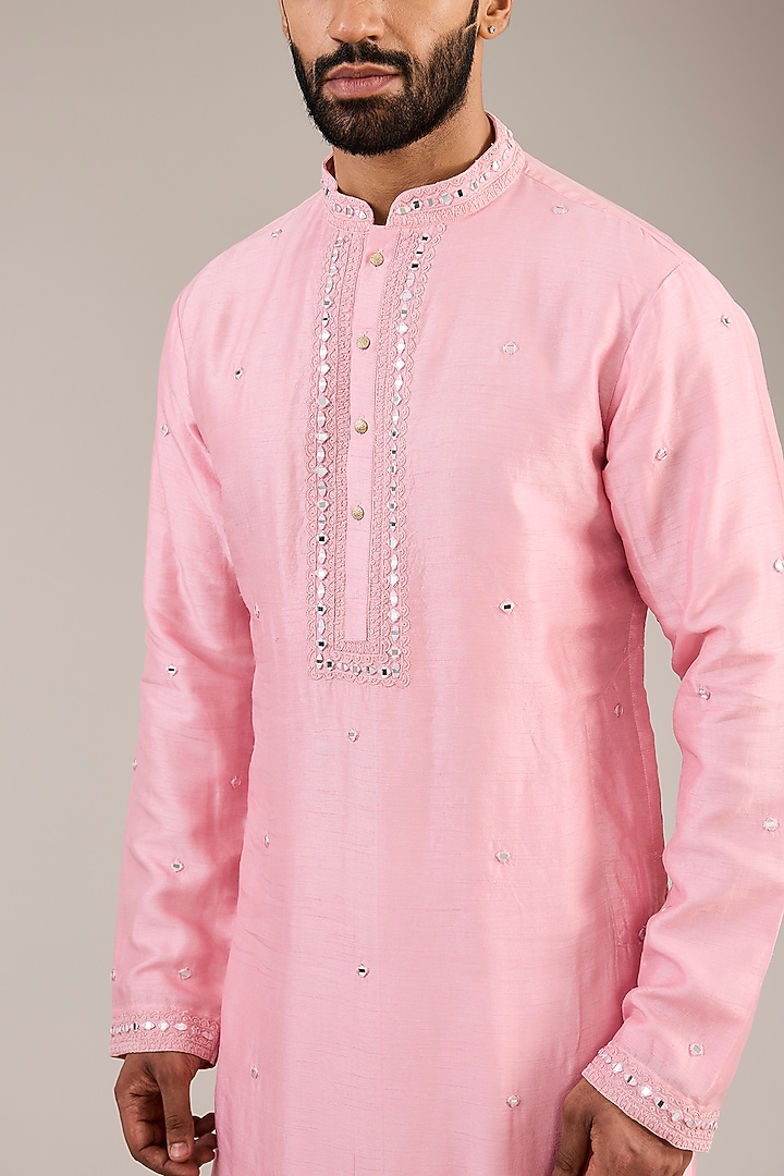 Pink Silk Blend Dori & Mirror Embroidered Kurta Set by Chatenya Mittal at Pernia's Pop Up Shop