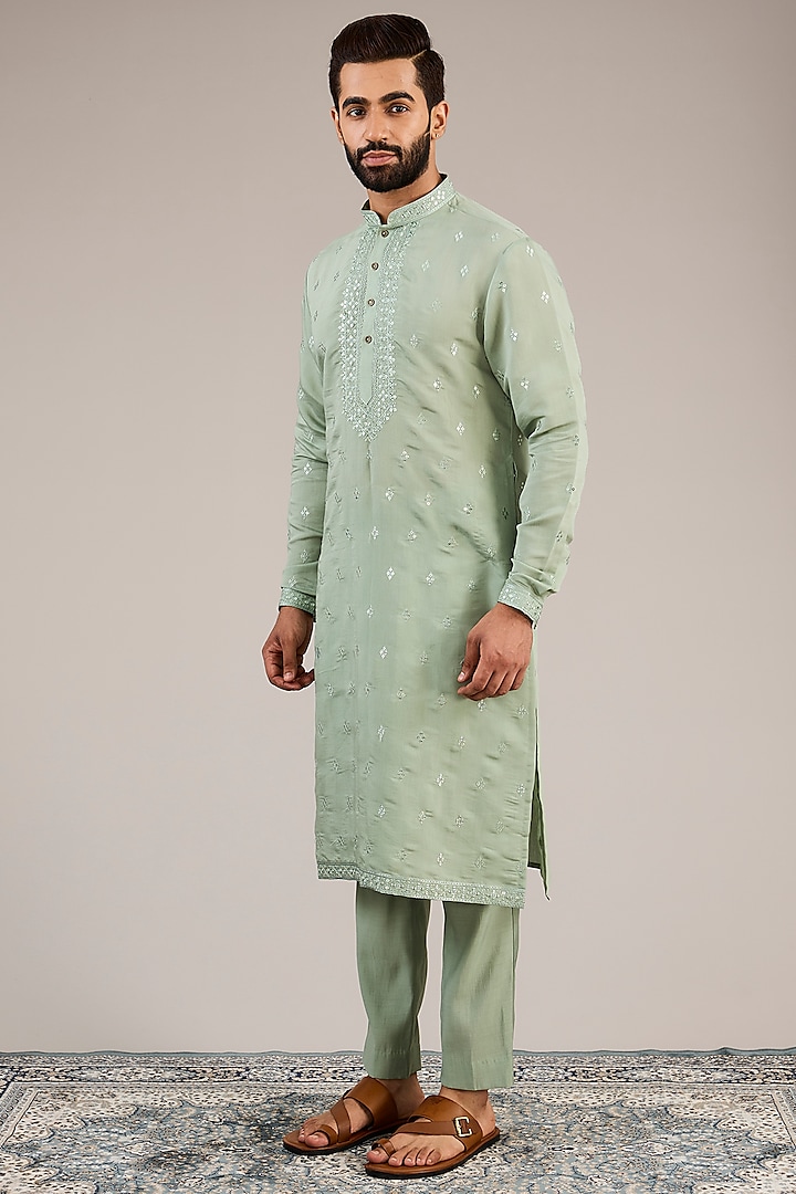 Green Silk Blend Patra Embroidered Kurta Set by Chatenya Mittal