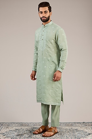 Green Silk Blend Patra Embroidered Kurta Set by Chatenya Mittal