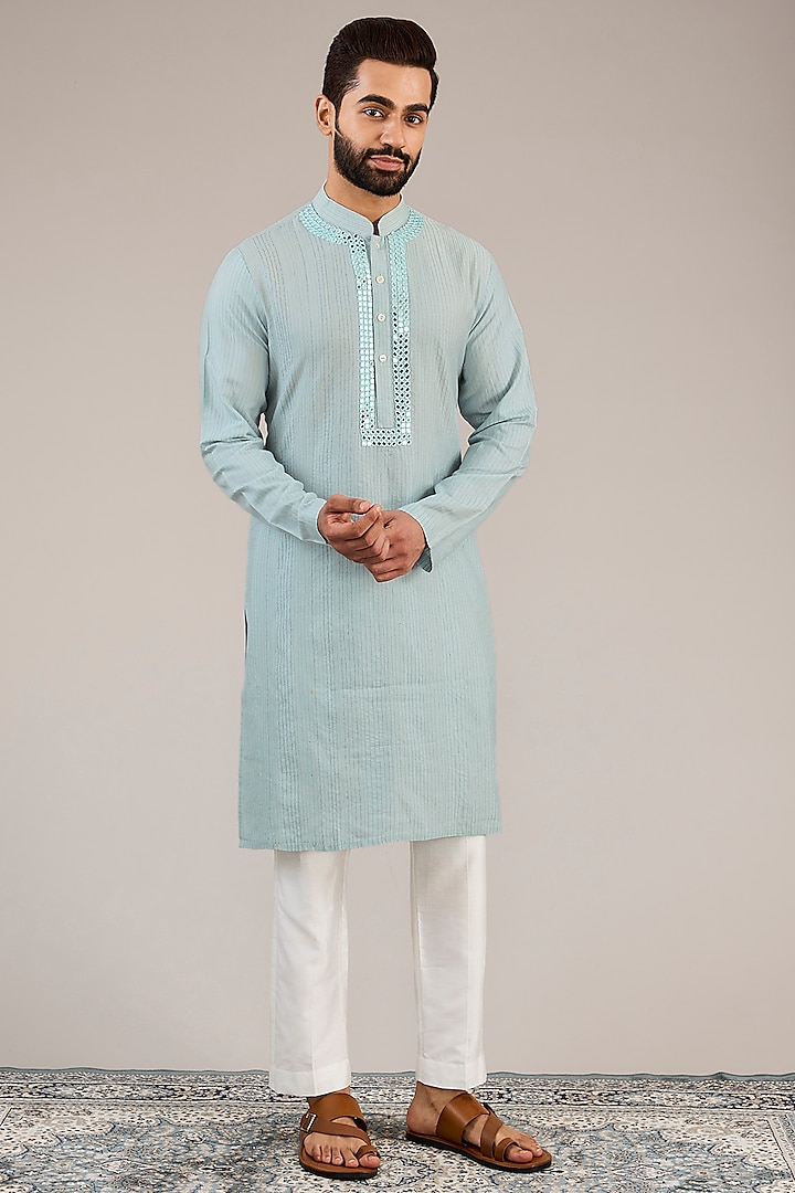 Light Blue Cotton Silk Mirror Embroidered Kurta Set by Chatenya Mittal at Pernia's Pop Up Shop