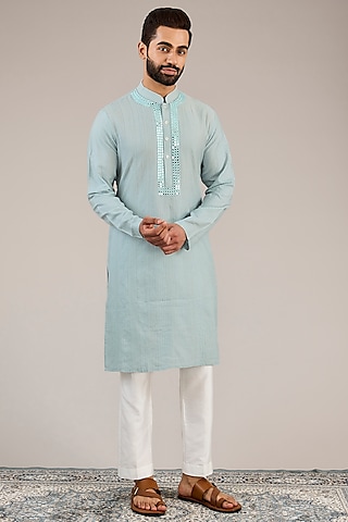 Light Blue Cotton Silk Mirror Embroidered Kurta Set by Chatenya Mittal