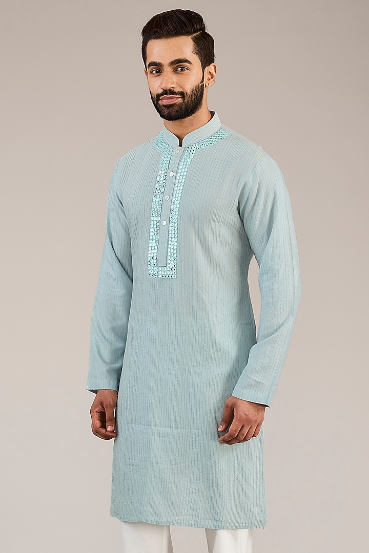 Light Blue Cotton Silk Mirror Embroidered Kurta Set by Chatenya Mittal at Pernia's Pop Up Shop