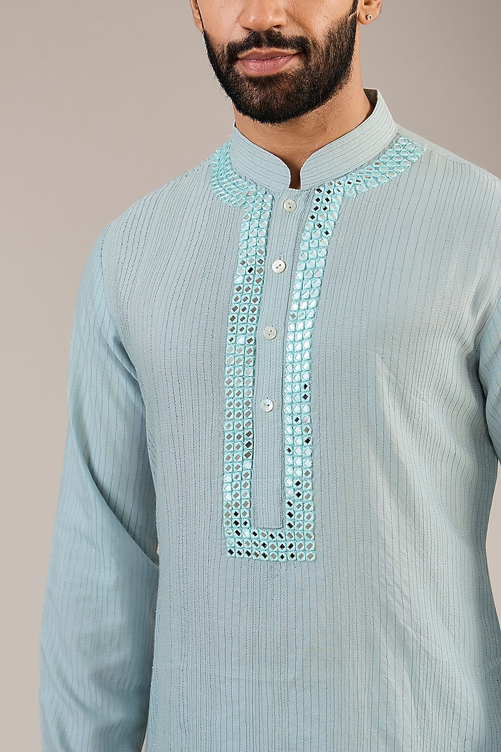 Light Blue Cotton Silk Mirror Embroidered Kurta Set by Chatenya Mittal at Pernia's Pop Up Shop