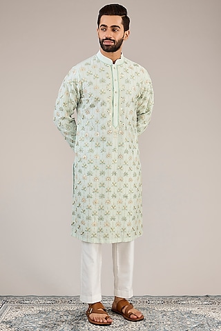 Pastel Green Cotton Silk Patra Embroidered Kurta Set by Chatenya Mittal
