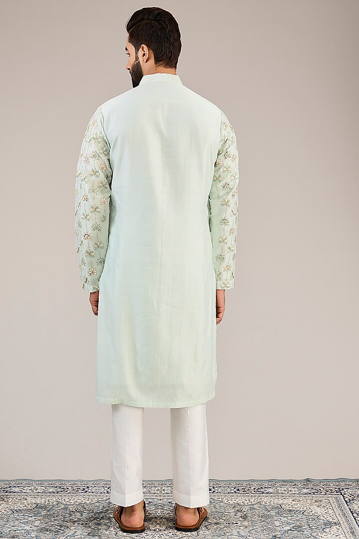 Pastel Green Cotton Silk Patra Embroidered Kurta Set by Chatenya Mittal at Pernia's Pop Up Shop