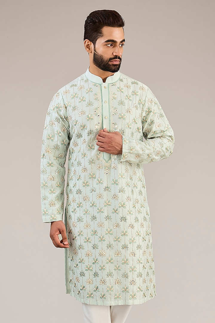 Pastel Green Cotton Silk Patra Embroidered Kurta Set by Chatenya Mittal at Pernia's Pop Up Shop