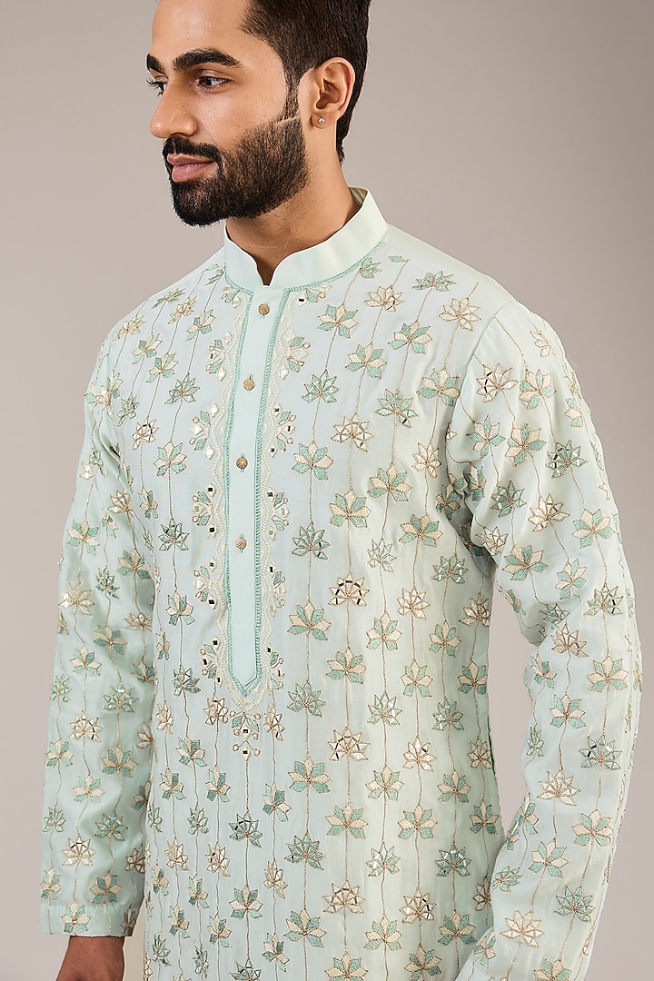 Pastel Green Cotton Silk Patra Embroidered Kurta Set by Chatenya Mittal at Pernia's Pop Up Shop