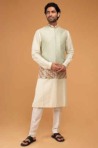 Mint Cotton Silk Nehru Jacket Set by Chatenya Mittal