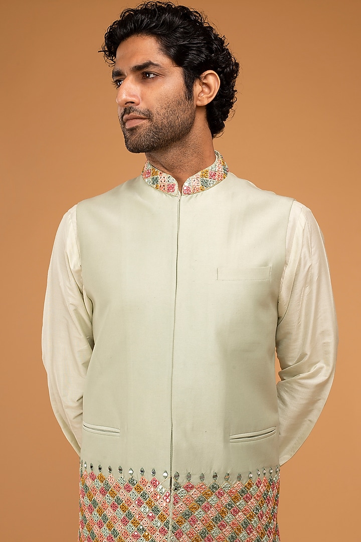 Mint Cotton Silk Nehru Jacket Set by Chatenya Mittal at Pernia's Pop Up Shop