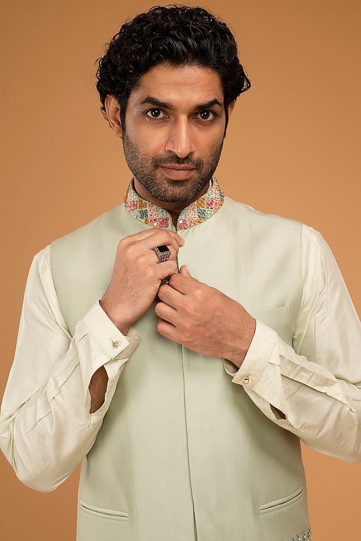 Mint Cotton Silk Nehru Jacket Set by Chatenya Mittal at Pernia's Pop Up Shop