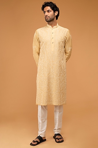 Gold-Beige Cotton Silk Embroidered Kurta Set by Chatenya Mittal