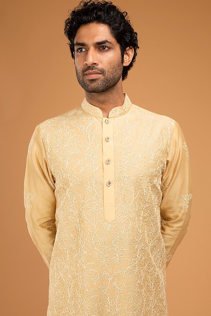 Gold-Beige Cotton Silk Embroidered Kurta Set by Chatenya Mittal at Pernia's Pop Up Shop