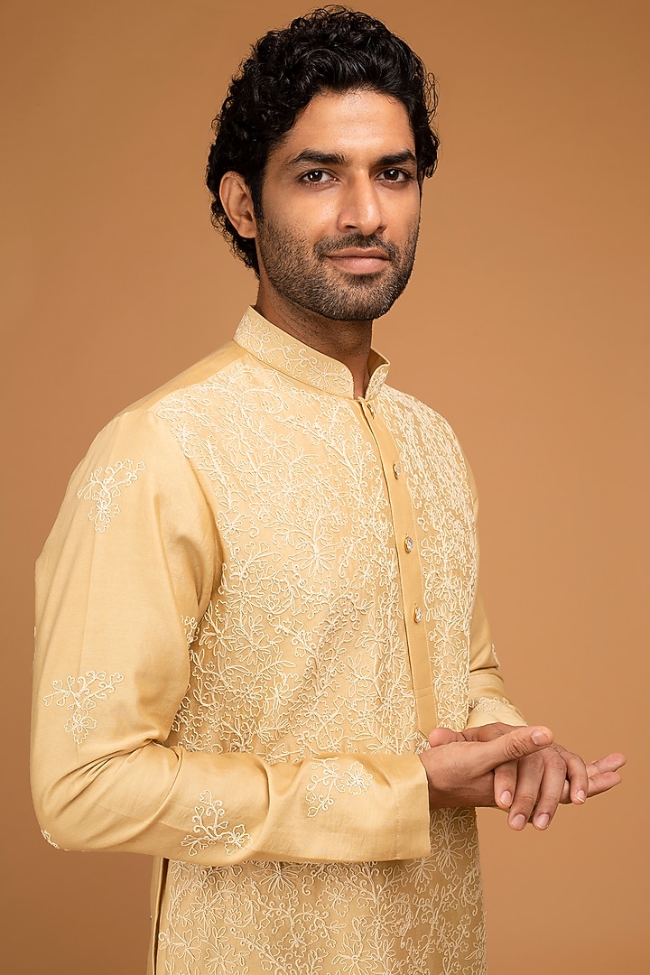 Gold-Beige Cotton Silk Embroidered Kurta Set by Chatenya Mittal at Pernia's Pop Up Shop