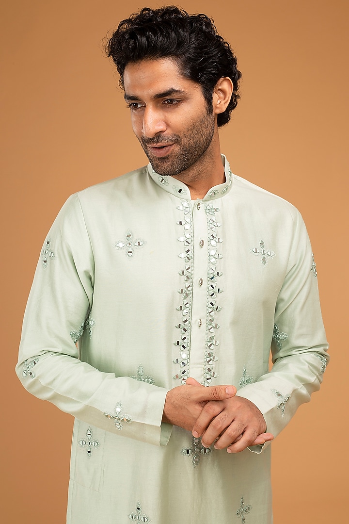 Mint Green Cotton Silk Embroidered Kurta Set by Chatenya Mittal at Pernia's Pop Up Shop