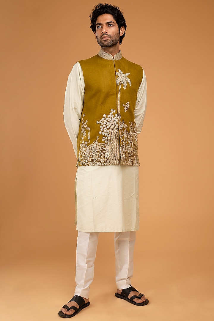 Mehendi Green Irish Linen Embroidered Nehru Jacket Set by Chatenya Mittal