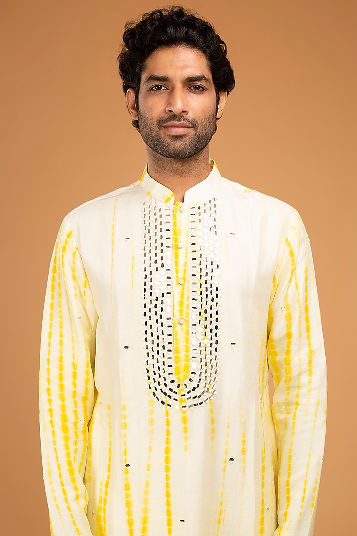 Yellow Silk Blend Embroidered & Tie-Dyed Kurta Set by Chatenya Mittal at Pernia's Pop Up Shop
