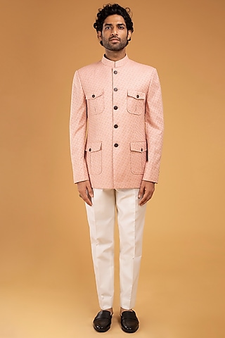 Peach Jacquard Bandhgala Set by Chatenya Mittal