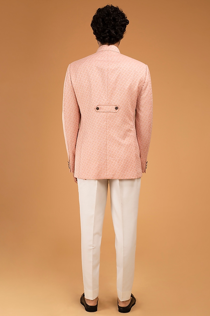 Peach Jacquard Bandhgala Set by Chatenya Mittal at Pernia's Pop Up Shop