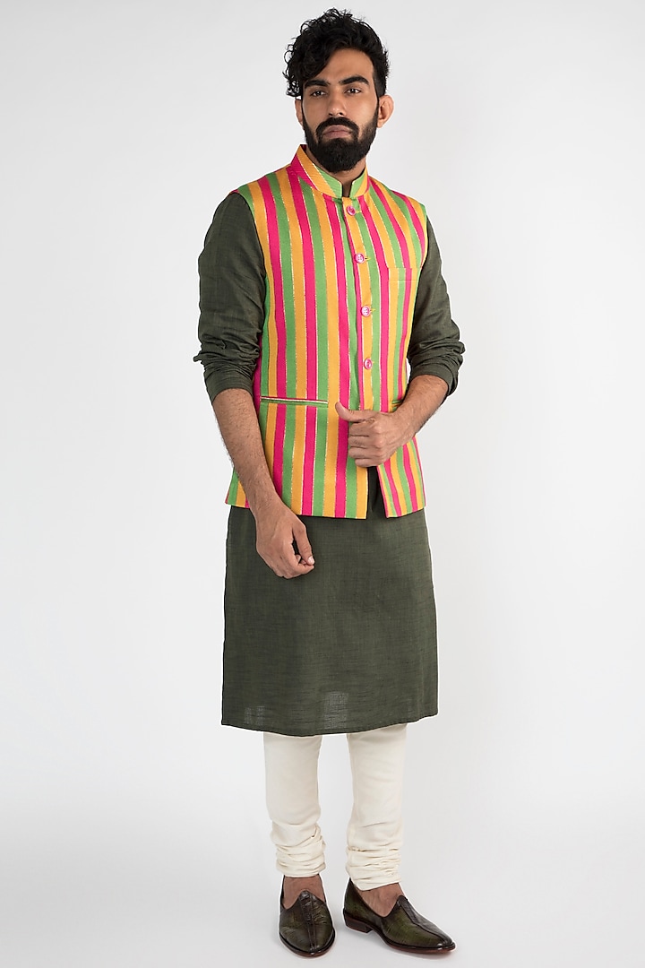 Yellow Striped Printed Nehru Jacket by Chatenya Mittal