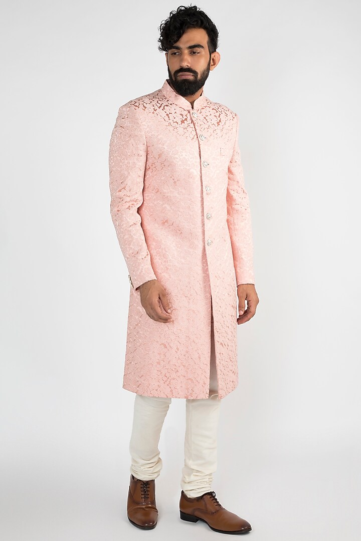 Pink Silk Jacquard Achkan Set by Chatenya Mittal