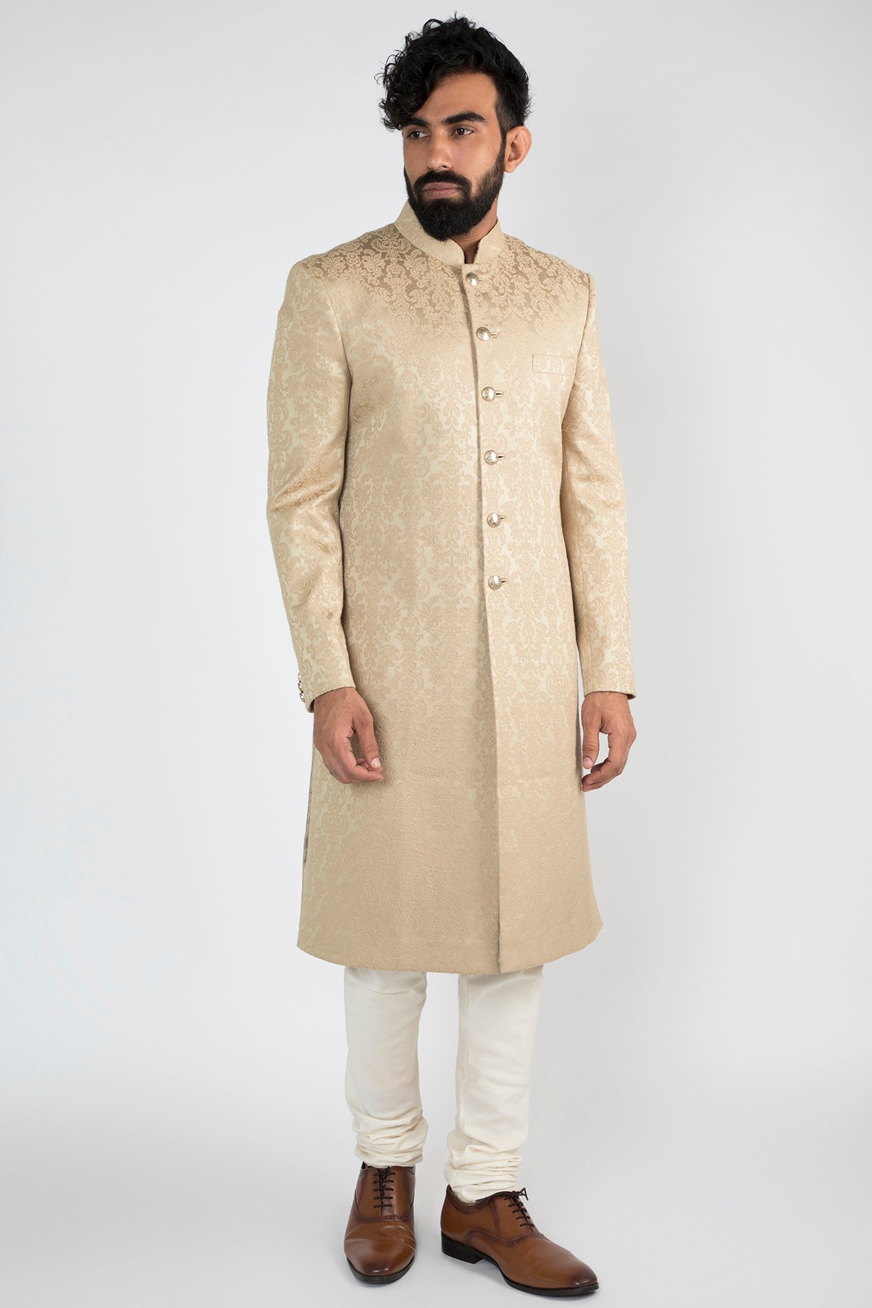 Beige Achkan Jacket With White Pants 