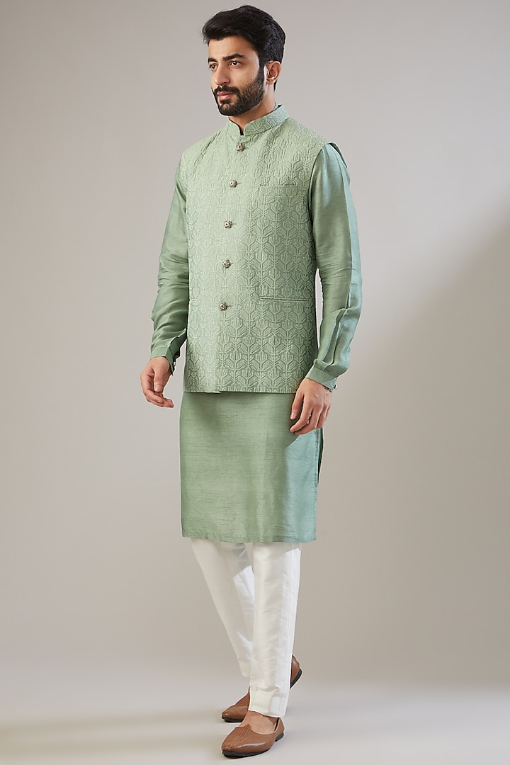 Grey Silk Kurta Set With Bundi Jacket by Chatenya Mittal