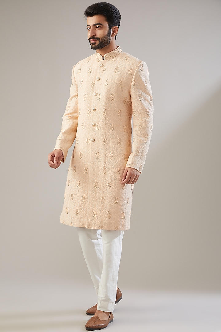 Pink Peach Embroidered Sherwani Set by Chatenya Mittal