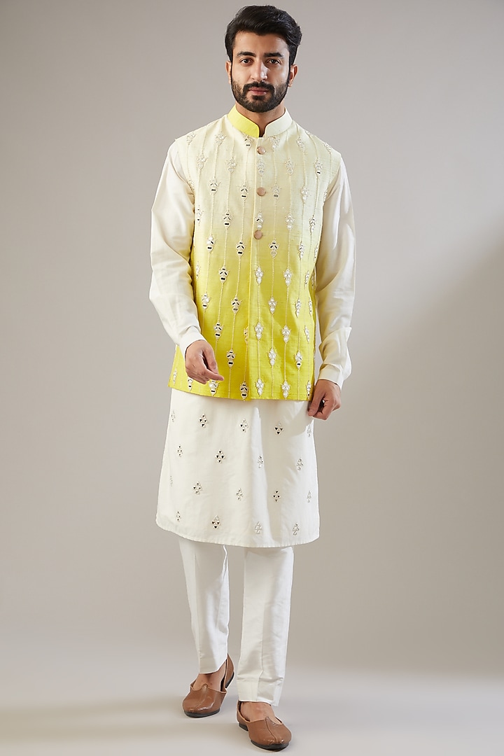 Yellow Ombre Embellished Bundi Jacket With Kurta Set by Chatenya Mittal