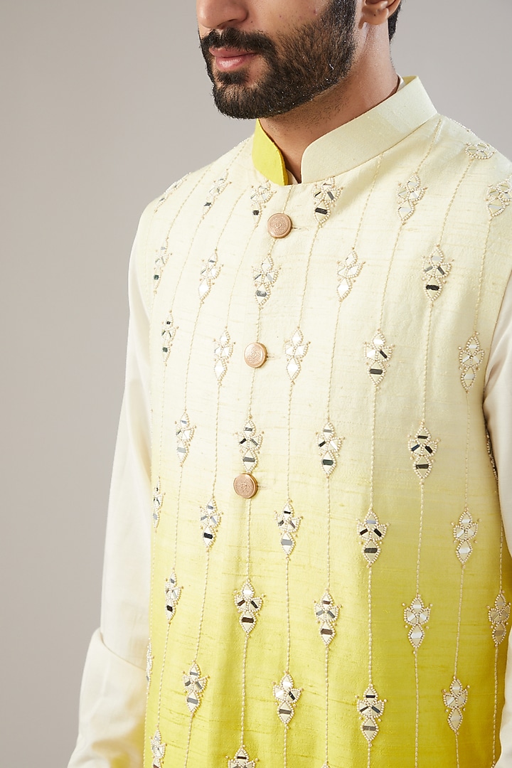 Yellow Raw Silk Mirror Embellished Ombre Bundi Jacket Set by Chatenya Mittal at Pernia's Pop Up Shop