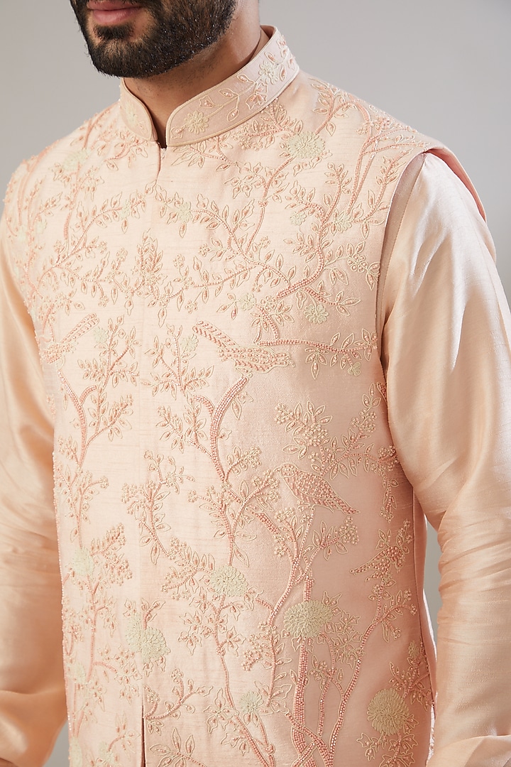 Peach Raw Silk Embroidered Nehru Jacket Set by Chatenya Mittal at Pernia's Pop Up Shop
