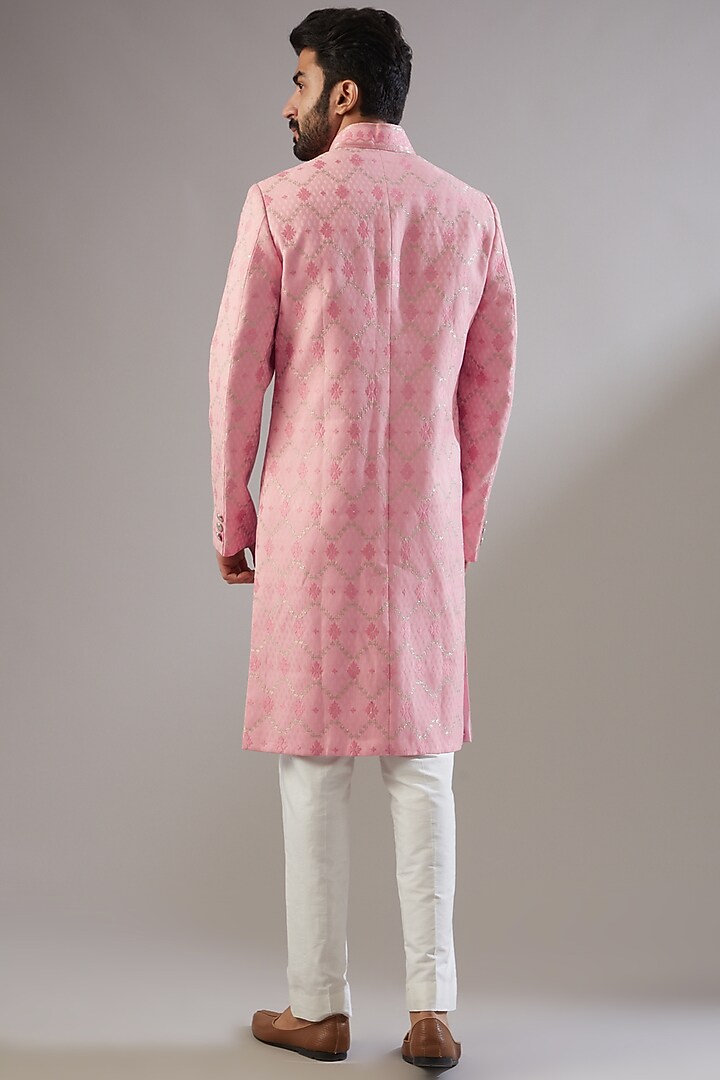 Pink Jacquard Zari Work Wedding Sherwani Set by Chatenya Mittal at Pernia's Pop Up Shop
