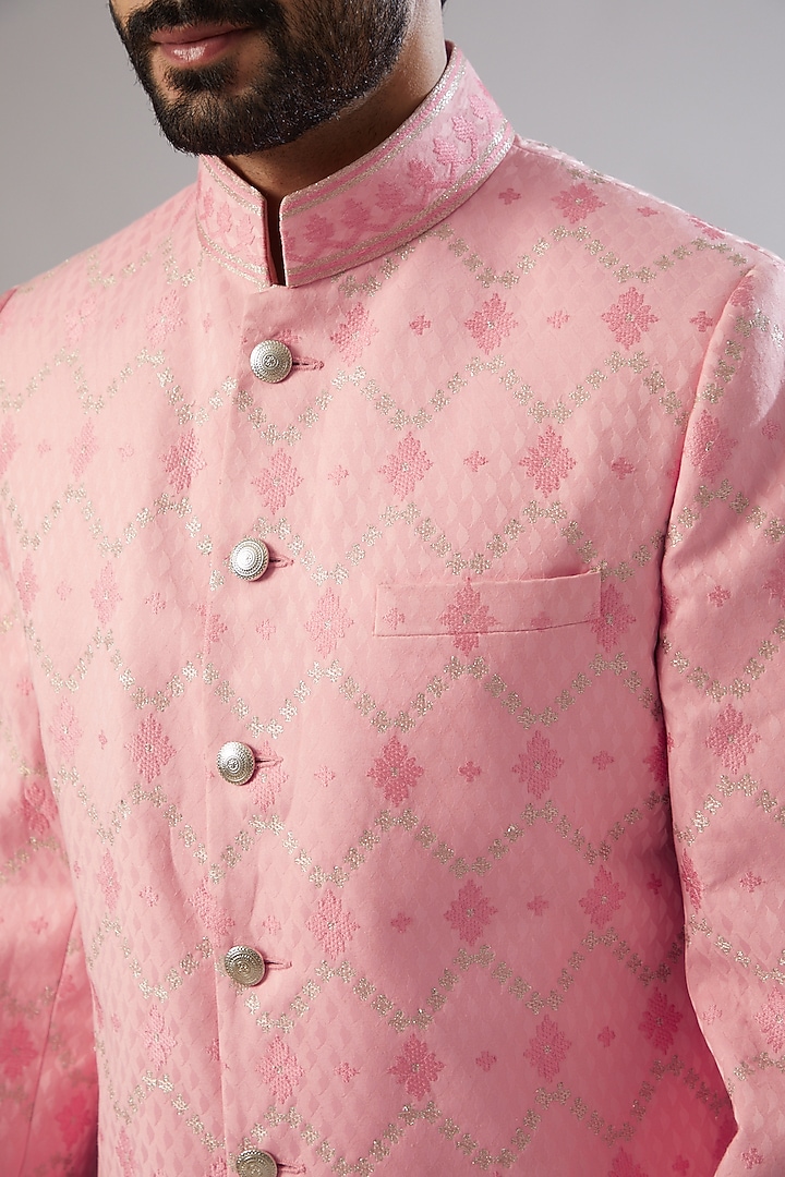 Pink Jacquard Zari Work Wedding Sherwani Set by Chatenya Mittal at Pernia's Pop Up Shop