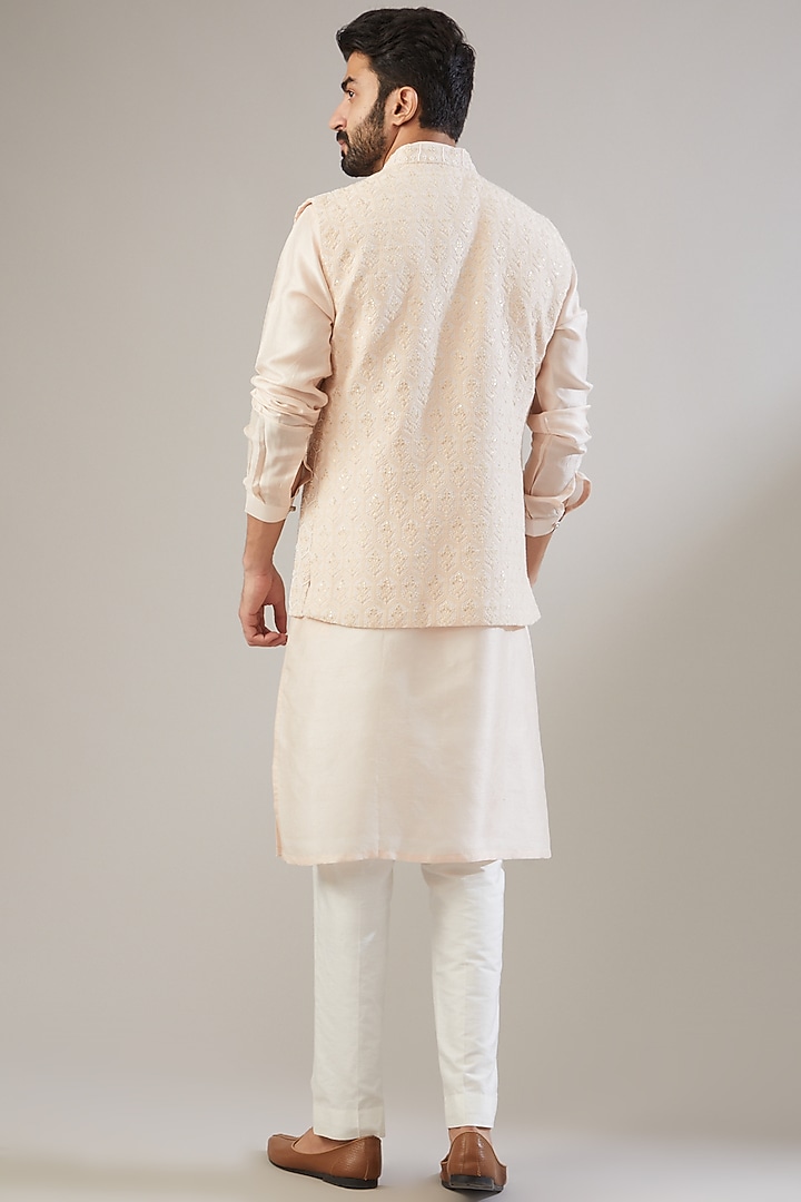 Light Peach Georgette Pearl Embellished Nehru Jacket Set by Chatenya Mittal at Pernia's Pop Up Shop