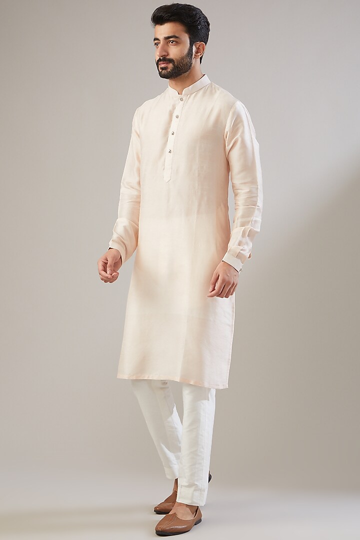 Light Peach Georgette Pearl Embellished Nehru Jacket Set by Chatenya Mittal at Pernia's Pop Up Shop